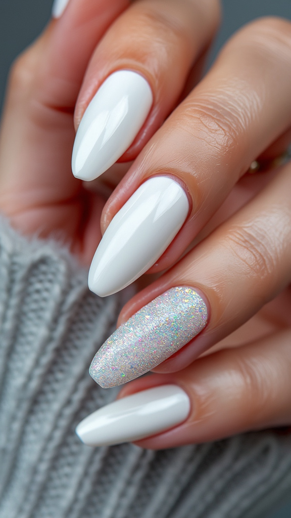 White Glitter Accent Nails