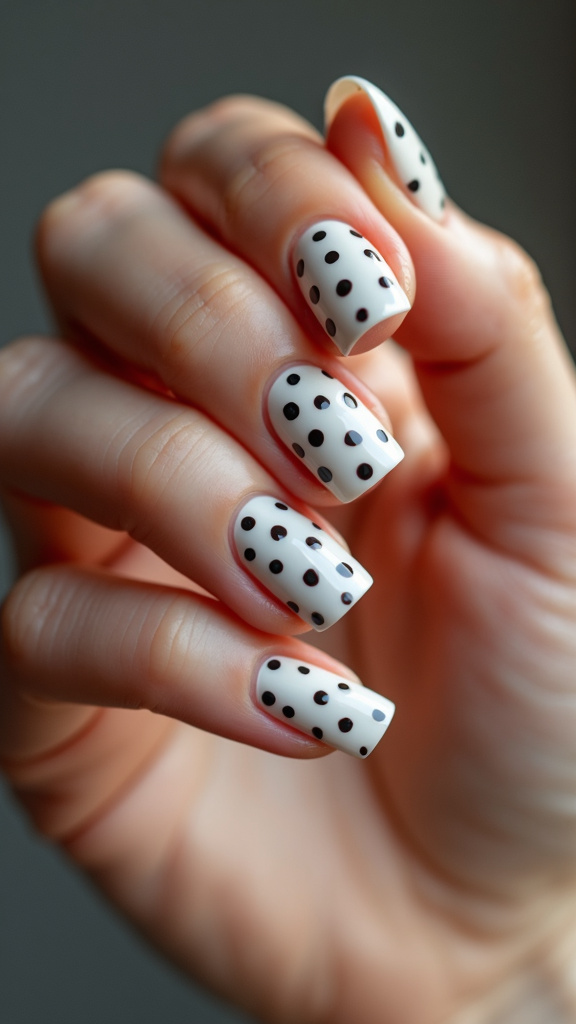 white polka dots nails